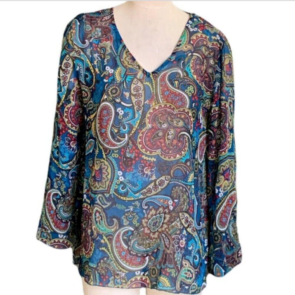 Chico's Sz 1 (‎ M/8) Colorful 100% Silk Sheer Paisley Floral Blouse #354N